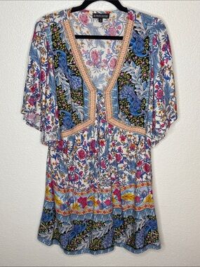 The Pyramid Collection Multi Color Peacock Floral Boho Mini Dress Size Medium
